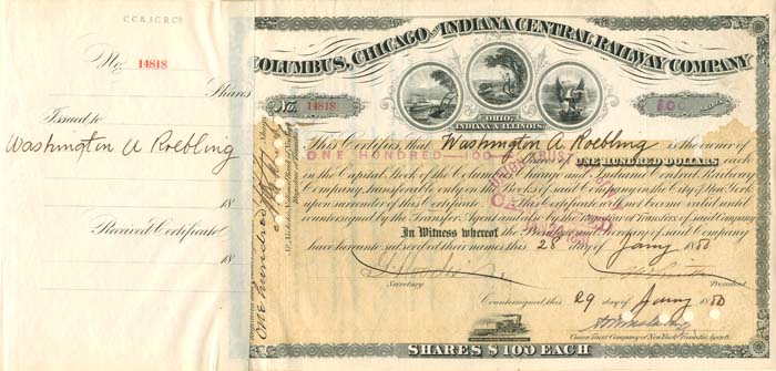 Columbus, Chicago and Indiana Central Railway issued to and signed by Washington A. Roebling - Stock Certificate